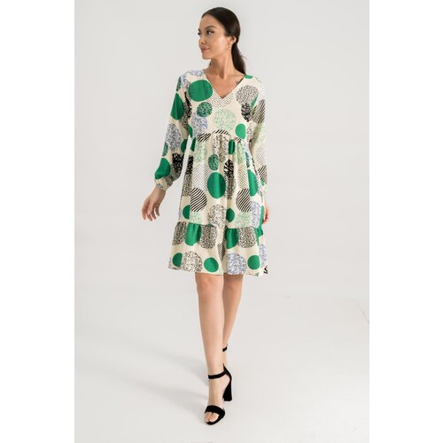 armonika Women's Green V-Neck Tie Waist Frilly Long Sleeve Dress Slike