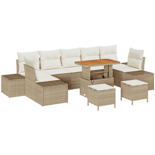 vidaXL 10-dijelni set vrtnih sofa s jastučićima Bež poli ratan akacija, 2-sjedni vrtni kauč s jastučićima Bež poli ratan, 3-dijelni set vrtne blagovaonice s jastučićima Bež poli ratan akacija Cijene