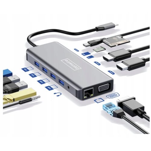 Zenwire USB‑C adapter hub 12v1 z 2x HDMI 4K, VGA, RJ45 gigabit, PD 87W, USB 3.0, SD/microSD, 3,5 mm, Mac/PC, (5000193582) Cene