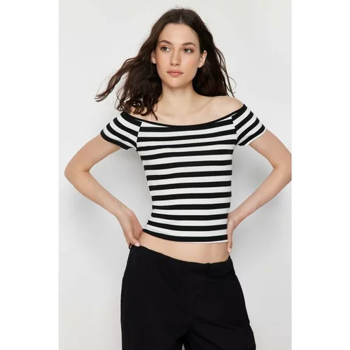 Trendyol 2 Pack Black White Striped-Black Plain Carmen Collar Crop Stretchy Knitted Blouse