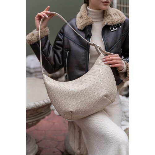 Madamra Women's Cream Knitted Patterned Big Bag Slike