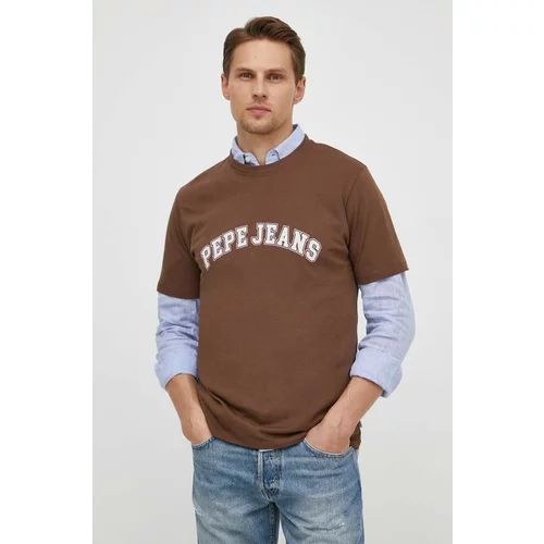 PepeJeans Pamučna majica za muškarce, boja: smeđa, s tiskom