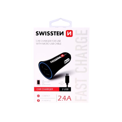 Swissten 20110900 2xUSB auto punjač + micro USB kabel, 2,4A, crni Cijene