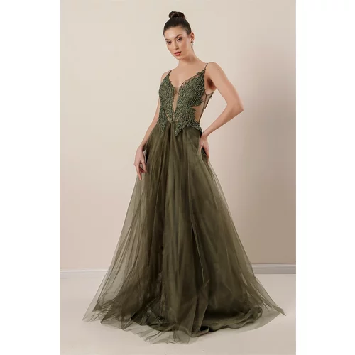 By Saygı Lined Long Tulle Dress with Guipure Beads and Beads with Thread Straps Khaki