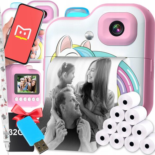  Dječja LCD instant kamera s pisačem + 32 GB i 10 traka ružičaste Slike