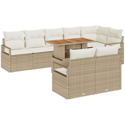 VidaXL 9 dijelni vrtni sofa set s jastučićima bež poli ratan akacija, 2-sjedalna vrtna sofa s jastučićima bež poli ratan Slike