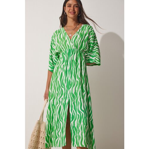  Women's Green Deep V-Neck Summer Long Viscose Dress Cene