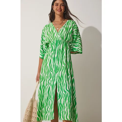 Happiness İstanbul Women's Green Deep V-Neck Summer Long Viscose Dress