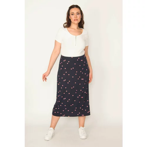 Şans Women's Plus Size Navy Blue Elastic Waist Patterned Skirt