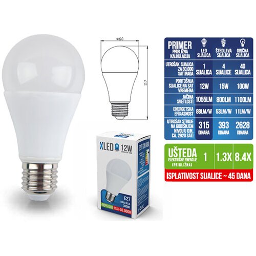 Xled LED Sijalica/ E27/ 12W / 220V/ Toplo bela / 3000K/ 1 055 Lm Slike