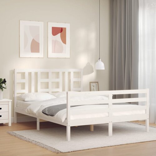 The Living Store Posteljni okvir z vzglavjem bel trden les - Posteljni Okvir, (21523036) Slike