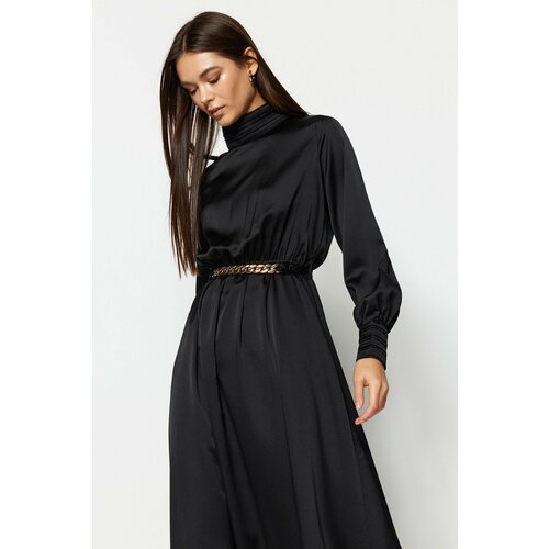 Trendyol Black Evening Dress with Draping Detail and Belt. Slike