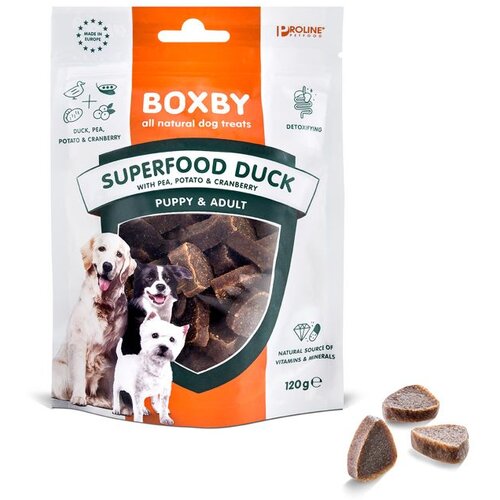 Boxby Poslastica za pse Puppy &amp;amp; Adult Super Food Patka, Gra&amp;scaron;ak i Brusnica, 120 g Slike