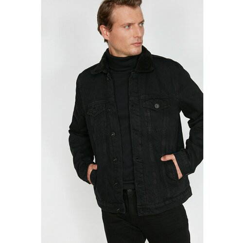 Koton Men's Black Collar Faux Fur Jean Coat Slike