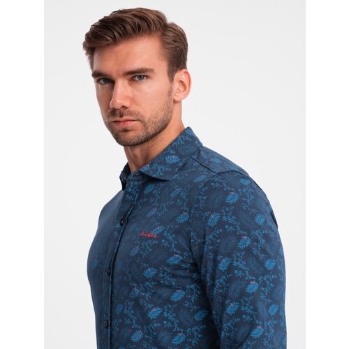 Ombre Men's cotton shirt with floral motif - navy blue Cijene