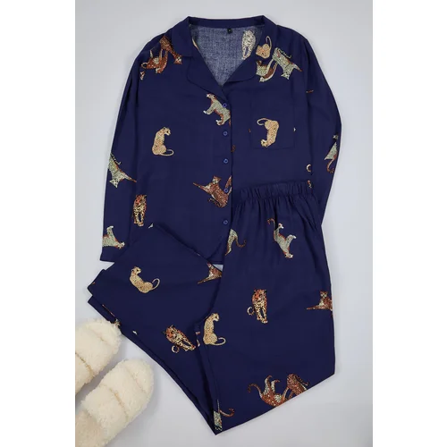 Trendyol Curve Navy Blue Tiger Pattern Shirt Collar Woven Pajama Set