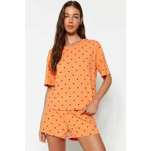 Trendyol Orange-Multicolored Polka Dot Single Jersey Knitted Pajamas Set