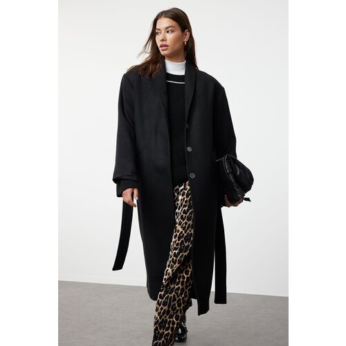 Trendyol black accessory detailed oversize belted woolen coat Slike