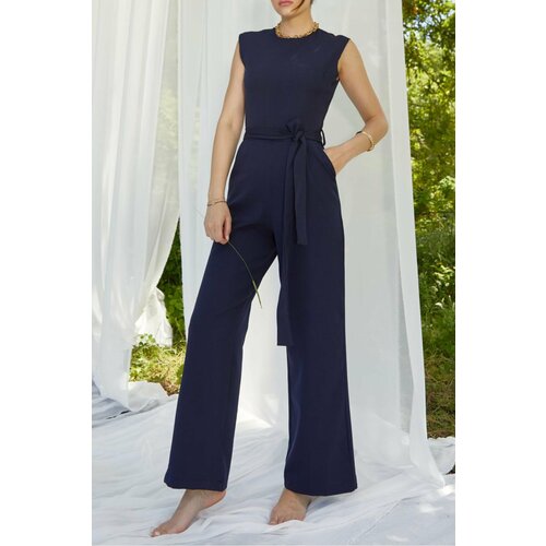 Laluvia Navy Square Neck Belted Jumpsuit Cene