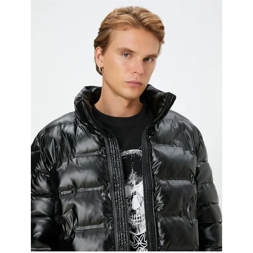 Koton Puffer Coat Leather Look Zippered High Neck