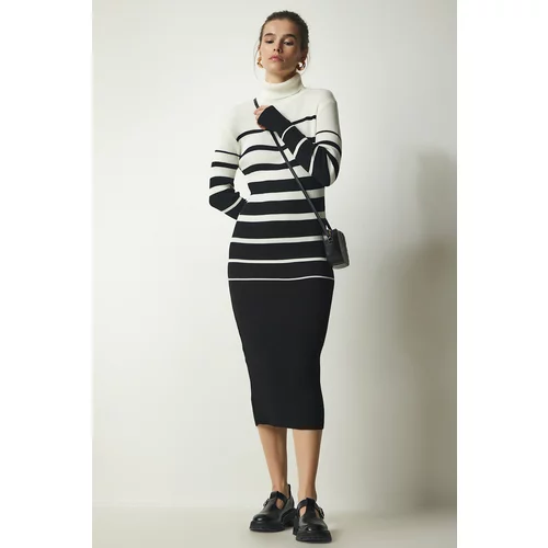 Happiness İstanbul Women's Ecru Black Turtleneck Striped Ribbed Sweater Dress