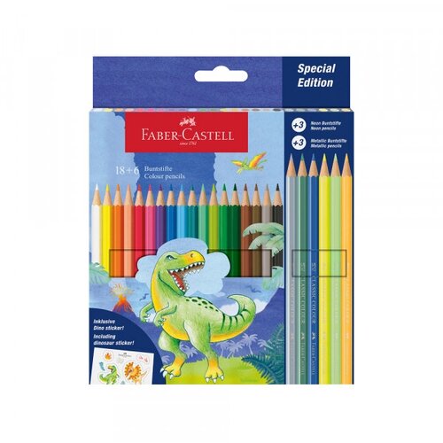 Faber-Castell Drvene Bojice Dino Klasik 1/18+3 met+3 neon + stikeri 111222 Slike