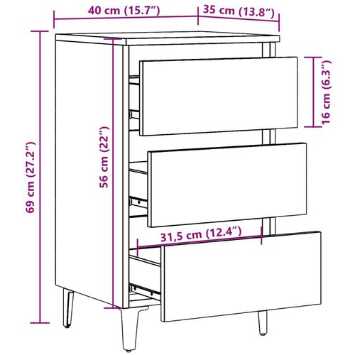 VidaXL Krevetni ormarić s metalnim nogama Artisan hrast 40x35x69 cm Slike