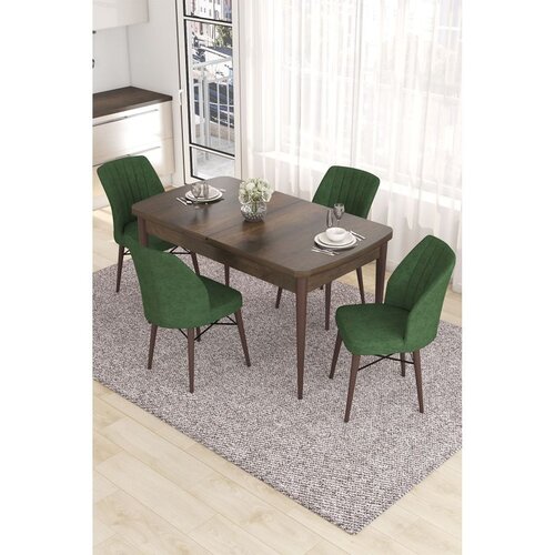 Hanah home trpezarijski set Eva, sto na razvlačenje i 4 stolice, ploča u dekoru drveta Baroque, kaki zelena tkanina Babyface Cene