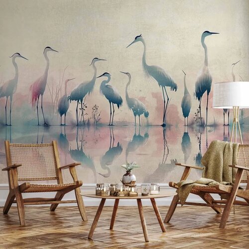  Foto tapeta - Birds by the lake - herons painted in watercolour in delicate grey and pink colours 147x105 Samoljepljiva Cene