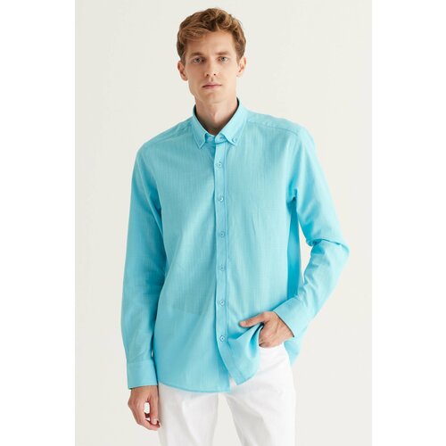 AC&Co / Altınyıldız Classics Men's Turquoise Tailored Slim Fit Oxford Buttoned Collar Linen-Looking 100% Cotton Flared Shirt. Slike