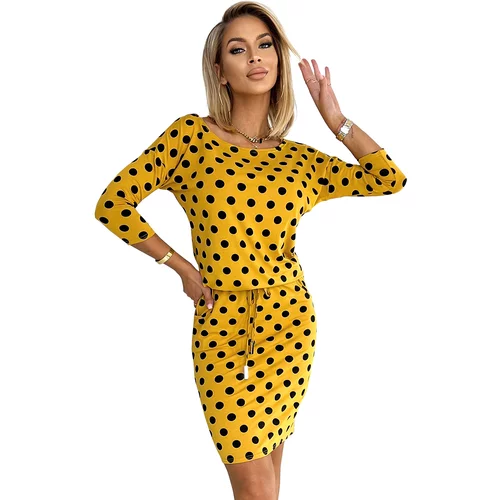 NUMOCO 13-152 Sports dress with binding and pockets - MUSTARD with black polka dots