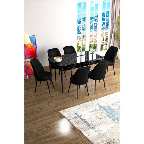 Hanah home Han - Black Marble, Black Black MarbleBlack Extendable Dining Table & Chairs Set (7 Pieces) Cene