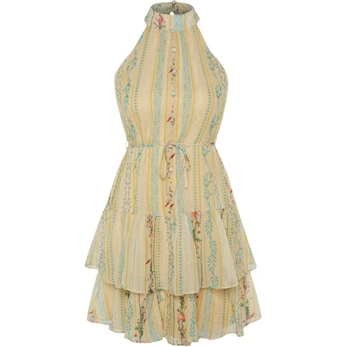 Trendyol Yellow Mini Woven Lined, Tiered Patterned Dress