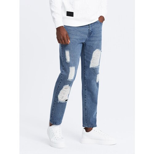 Ombre Men's TAPERED FIT denim pants with holes - dark blue Cijene