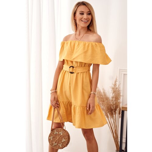 Fasardi Mustard dress with a Spanish neckline Slike