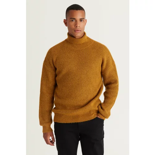 AC&Co / Altınyıldız Classics Men's Mustard Oversize Loose Fit Full Turtleneck Patterned Knitwear Sweater.