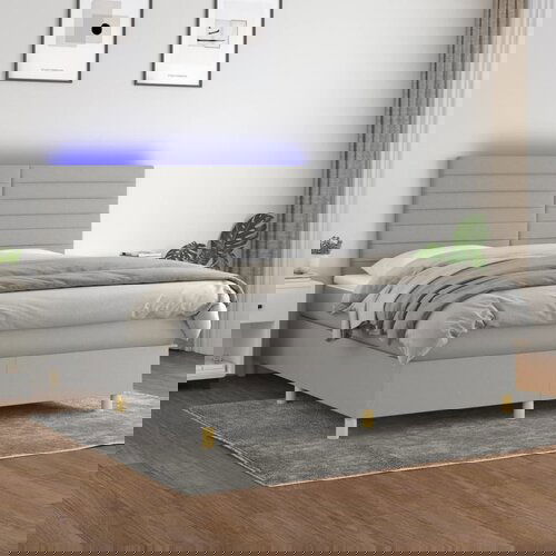 VidaXL Box spring postelja z vzmetnico LED sv. siva 180x200 cm blago Slike