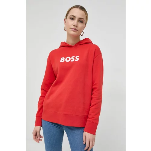 Boss Bombažen pulover ženski, rdeča barva s kapuco