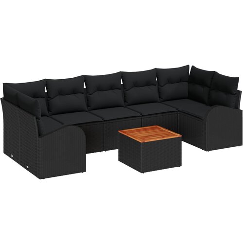 vidaXL 8-dijelni set vrtne sofe s jastucima crni poly ratan akacije, 2-sjedna vrtna sofa s pohranom i jastucima crni poly ratan Cene