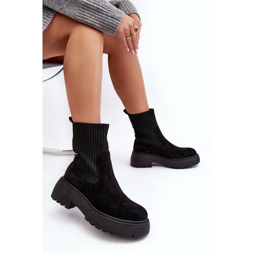 Boto Women's Suede Boots with Sock on Platform and Flat Heel Black Rewam Cene