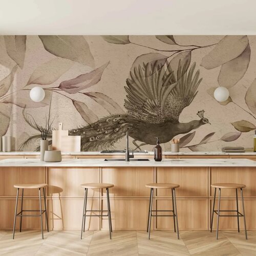  Foto tapeta - Bird among the leaves - floral motif with a flying peacock in cool tones 150x105 Vodootporna Cene