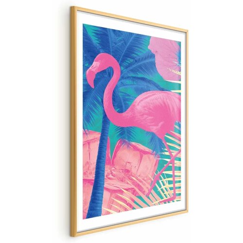  Plakat - Pink Flamingo - abstract flamingo against a background of palm trees and ice cubes 60x90 Zlatni okvir s margom Cene