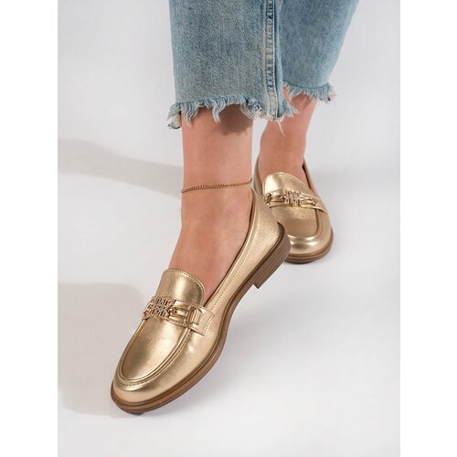 Shelvt Women's Gold Stylish Loafers Slike