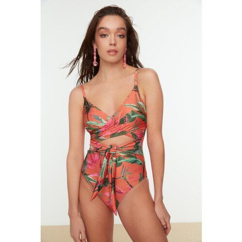 Trendyol Orange Floral Pattern Waist Tie Detailed Swimsuit Slike