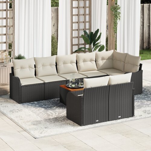 VidaXL 9-dijelni set vrtne sofe s jastučićima Crni Poli Ratan Akacija, 2-satna vrtna sofa s jastučićima Crni Poli Ratan Slike