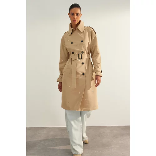 Trendyol Limited Edition Beige Oversize Wide Cut Embroidery Detailed Belted Trench Coat