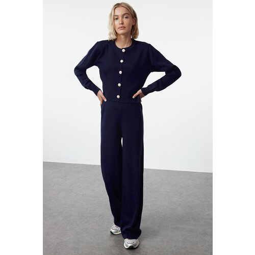 Trendyol Navy Blue Crop Cardigan-Pants Knitwear Bottom-Top Set Slike