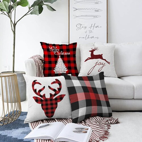 Minimalist Cushion Covers set od 4 božićne jastučnice od kenila minimalističke navlake za jastuke božićni tartan, 55 x 55 cm Slike