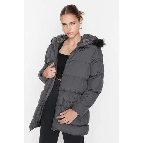Trendyol Anthracite Oversize Fur Hooded Inflatable Coat