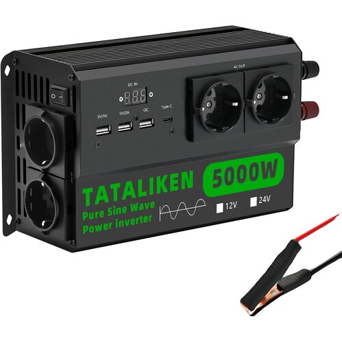 TATALIKEN Inverter s čistim sinusnim valom, 4 EU vtičnice, DC na AC pretvorba, 5000WEU-black, 220V, 12V, (5000159094) Cene